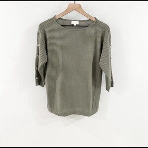LOFT Sage Ribbed Top with Buttoned Sleeves